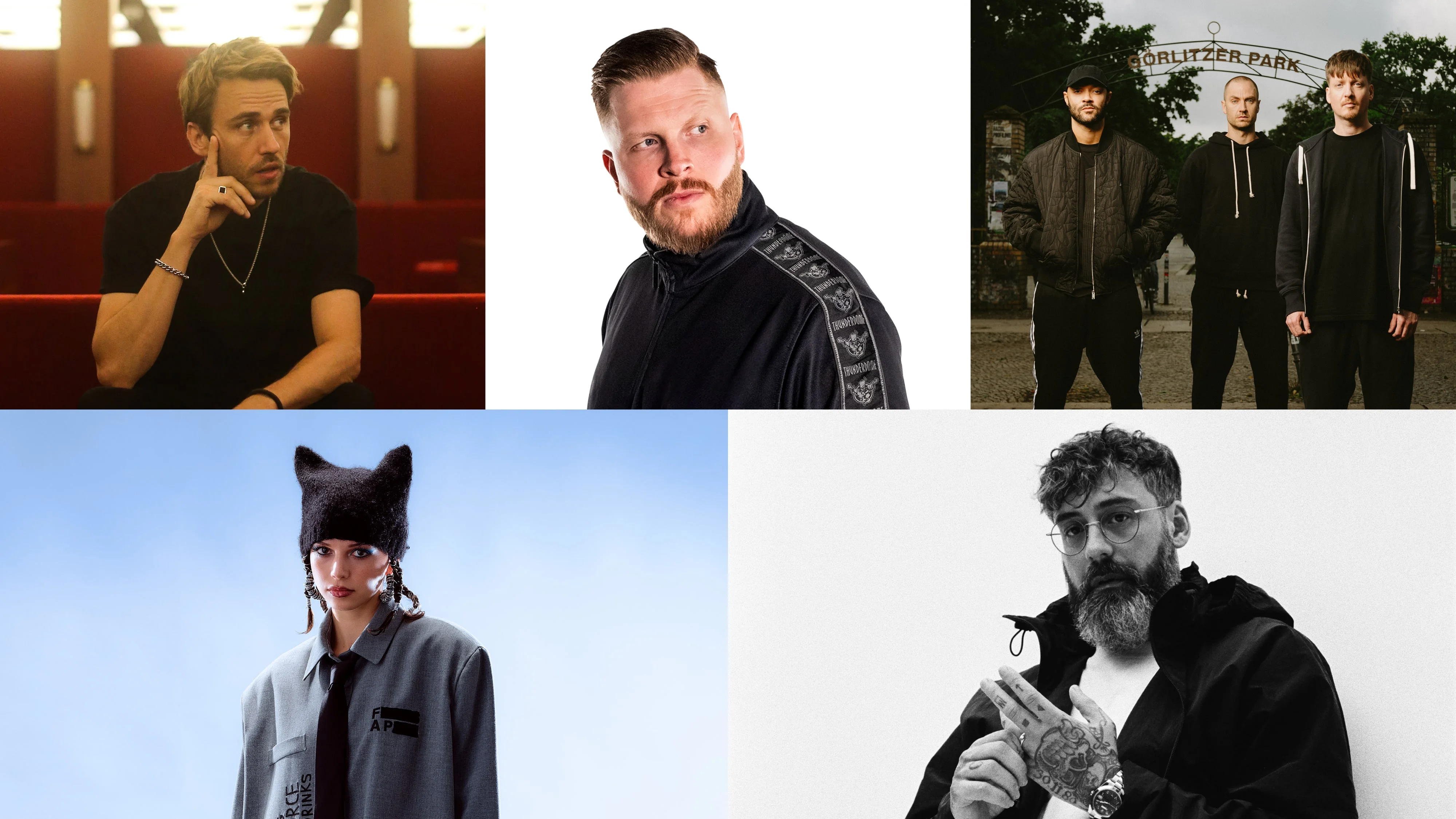 Porträt-Collage der San Hejmo Headliner 2025. Clueso, FiNCH, KIZ, Nina Chuba und Sido.